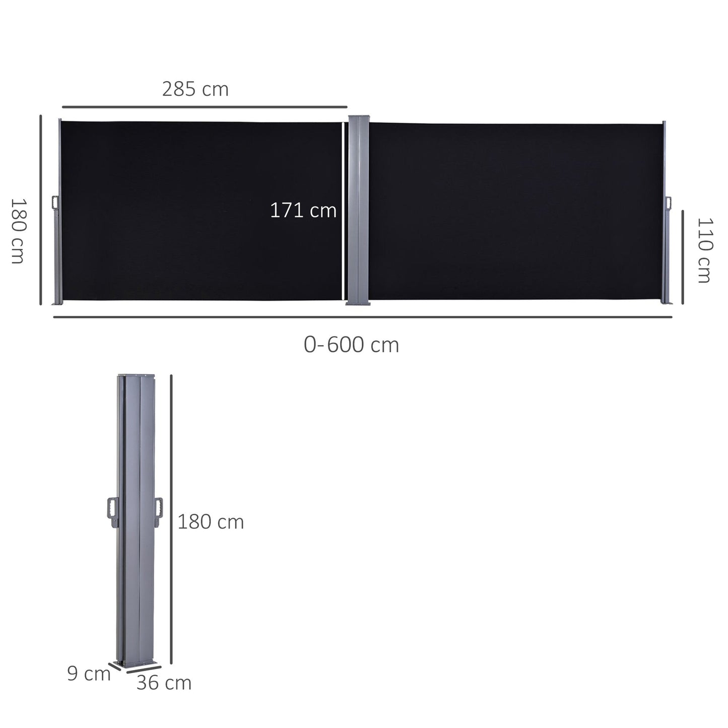 Outsunny Double Retractable Side Awning Privacy Screen, Black - 6m x 1.8m - Clara Shade Sails - Outsunny -