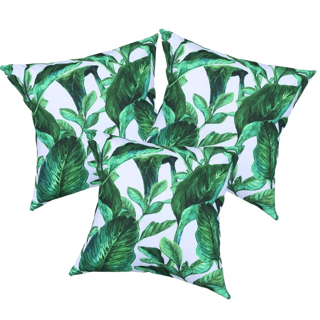 Set of 3 Tropical Water Resistant Garden Cushion Covers Scatter Pillow Cover - Clara Shade Sails - 3 x Jungle Leaf