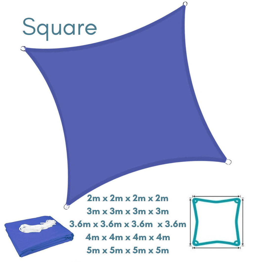 Square Blue Sun Shade Sail - Water Resistant UV Garden Canopy Awning 2m 3m 3.6m 4m 5m