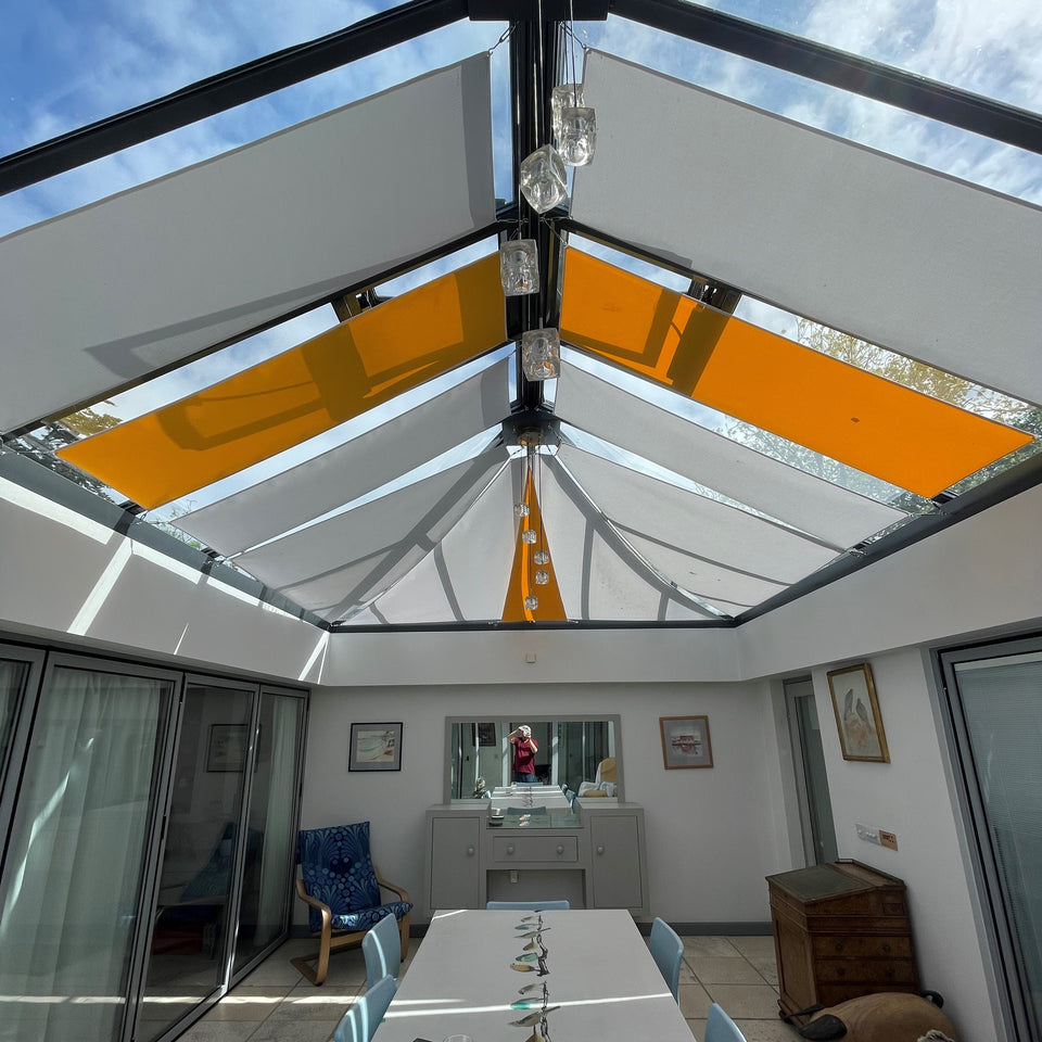 Clara Shade Sails Bespoke Conservatory Roof Shade Sail Blinds UK Made measuring and installation service designed for UK weather and conservatories