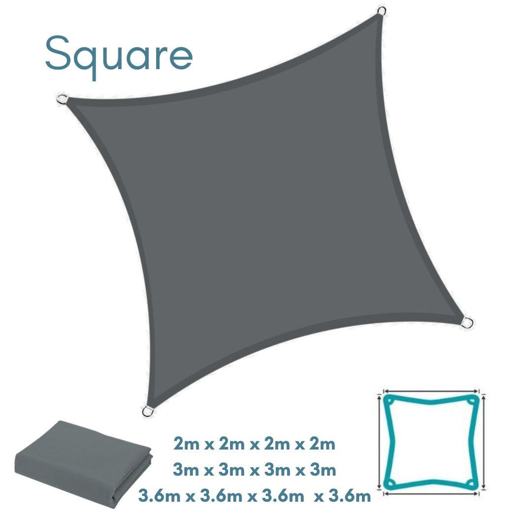 Square Dark Grey Sun Shade Sail - Water Resistant UV Garden Canopy Awning 2m 3m 3.6m