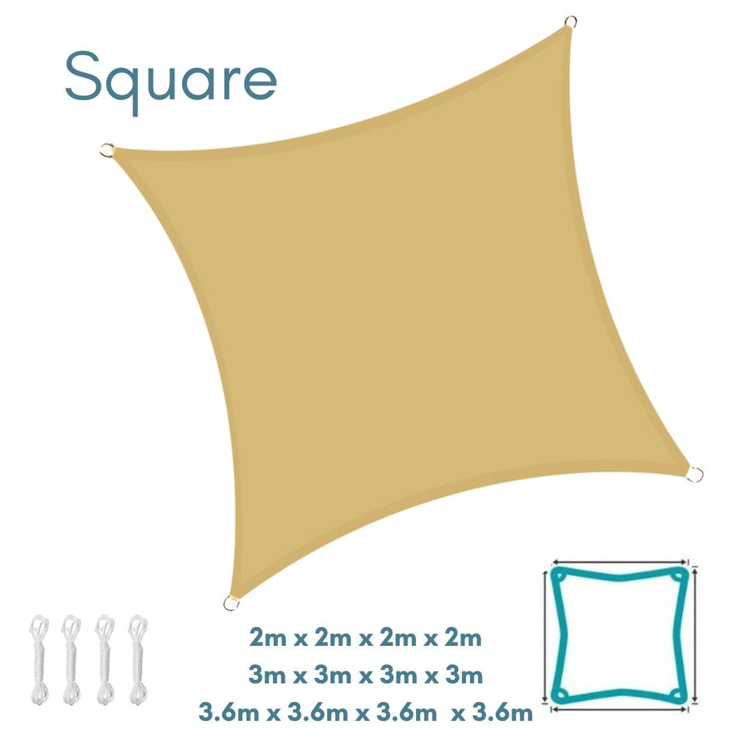 Square Sand Sun Shade Sail - Water Resistant UV Garden Canopy Awning 2m 3m 3.6m