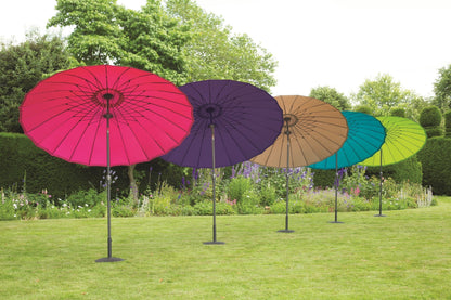 Norfolk Leisure Geisha Style Garden Parasol Umbrellas - 2.7m Crank Handle and Tilt - Purple or Taupe - Clara Shade Sails