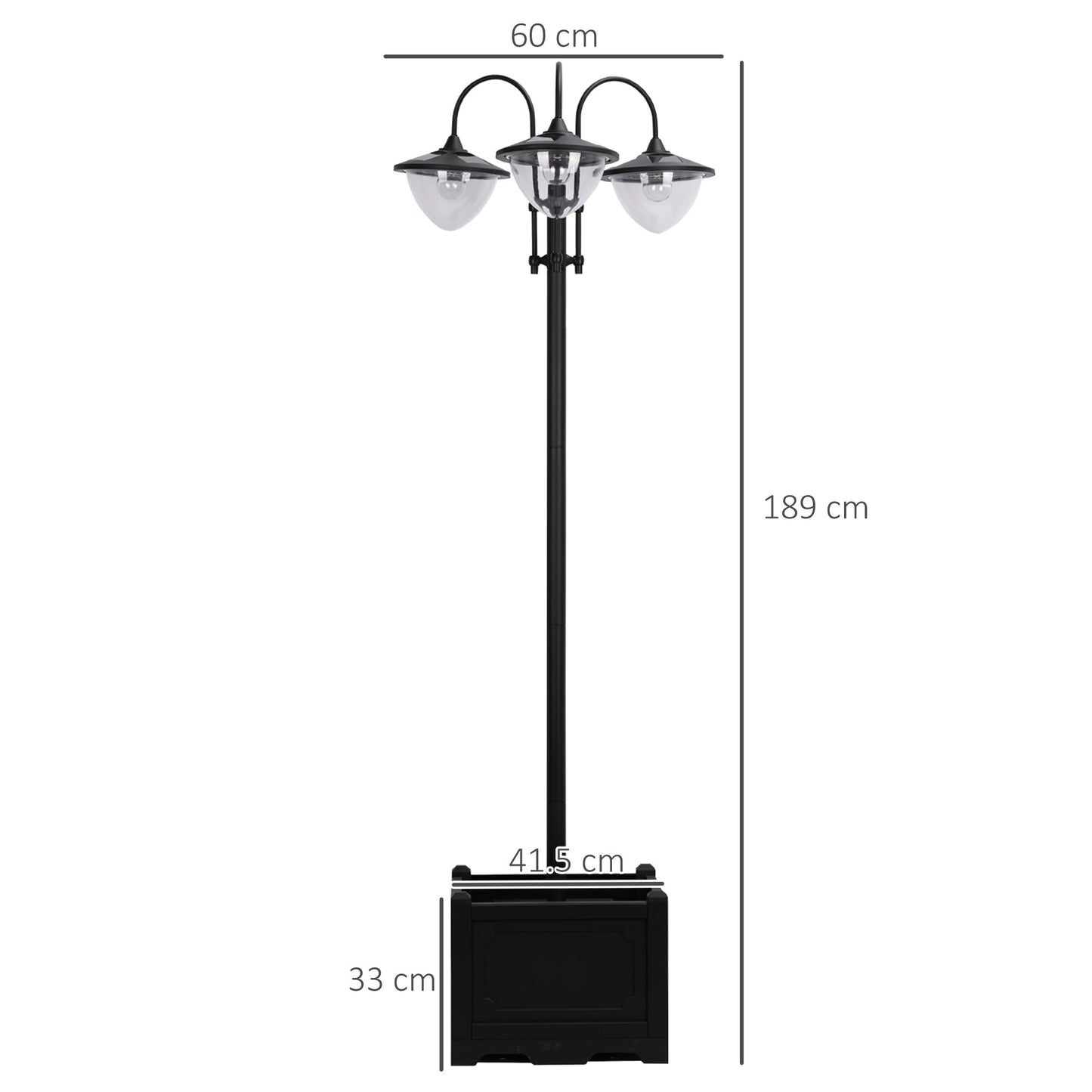 Outsunny 189cm 3 - Head Solar Lamp Post with Planter – Black - Clara Shade Sails - Outsunny - 