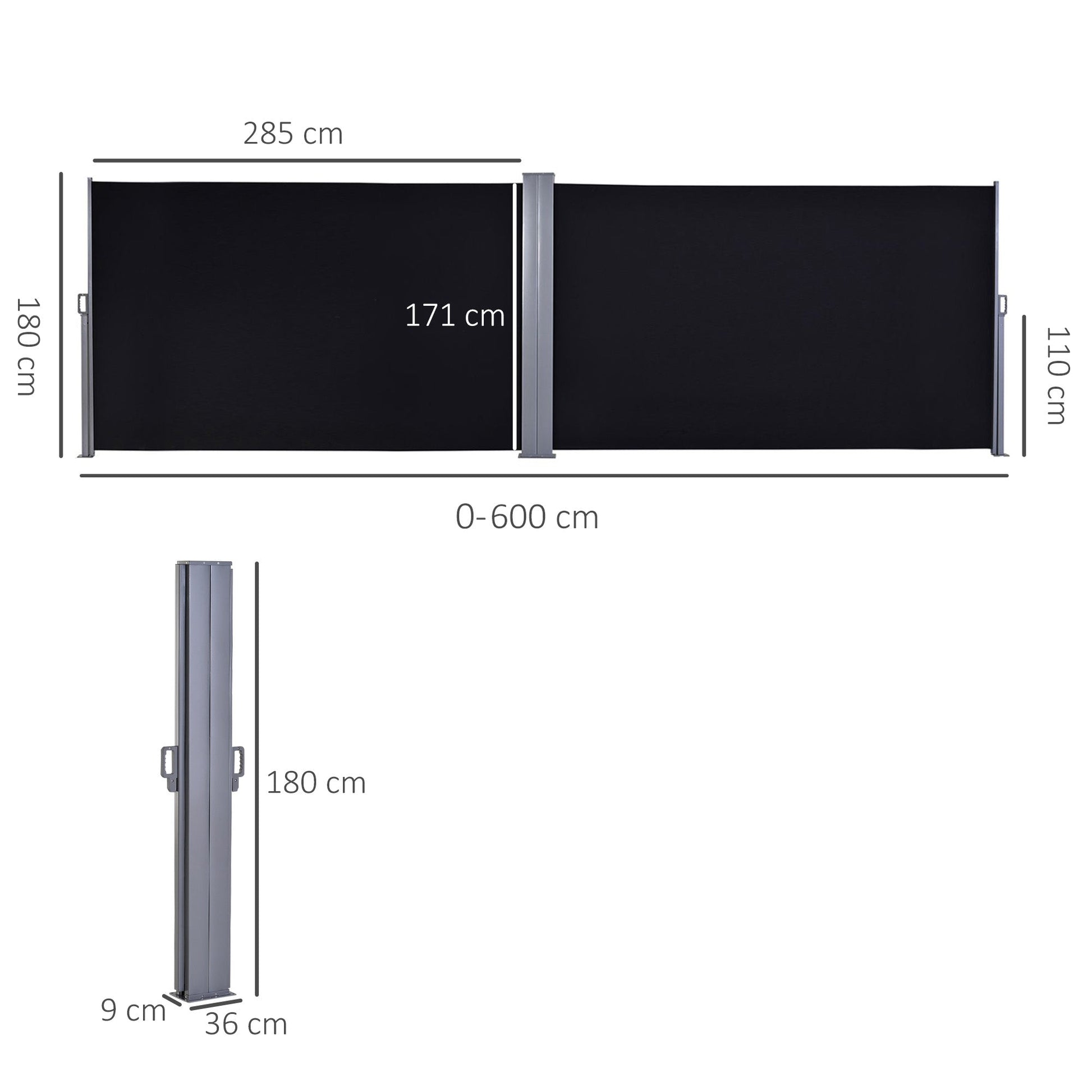 Outsunny Double Retractable Side Awning Privacy Screen, Black - 6m x 1.8m - Clara Shade Sails - Outsunny - 
