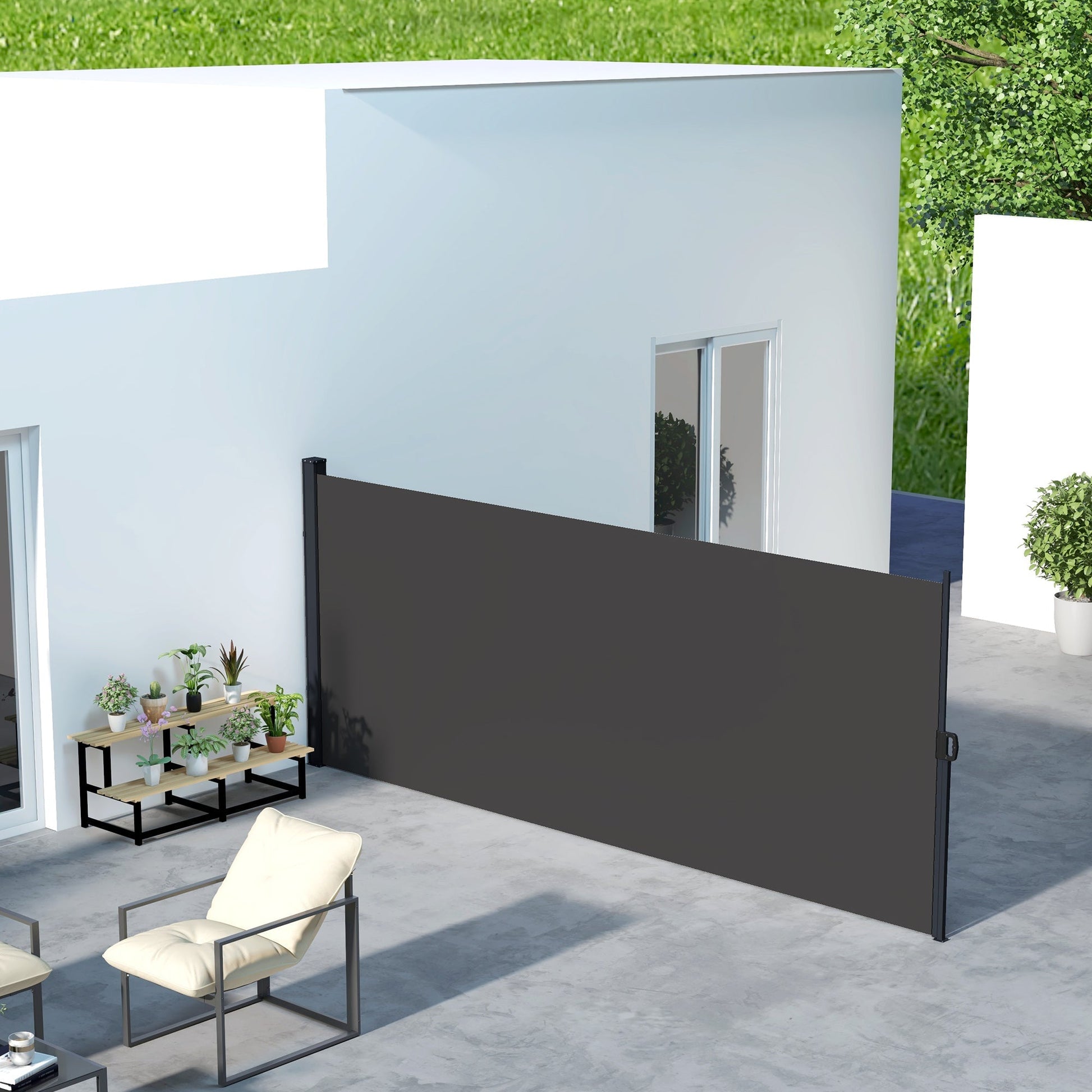 Outsunny Retractable Side Awning Privacy Screen, Black, Dark Grey or Khaki - 4m x 1.6m - Clara Shade Sails - Outsunny - Black - 