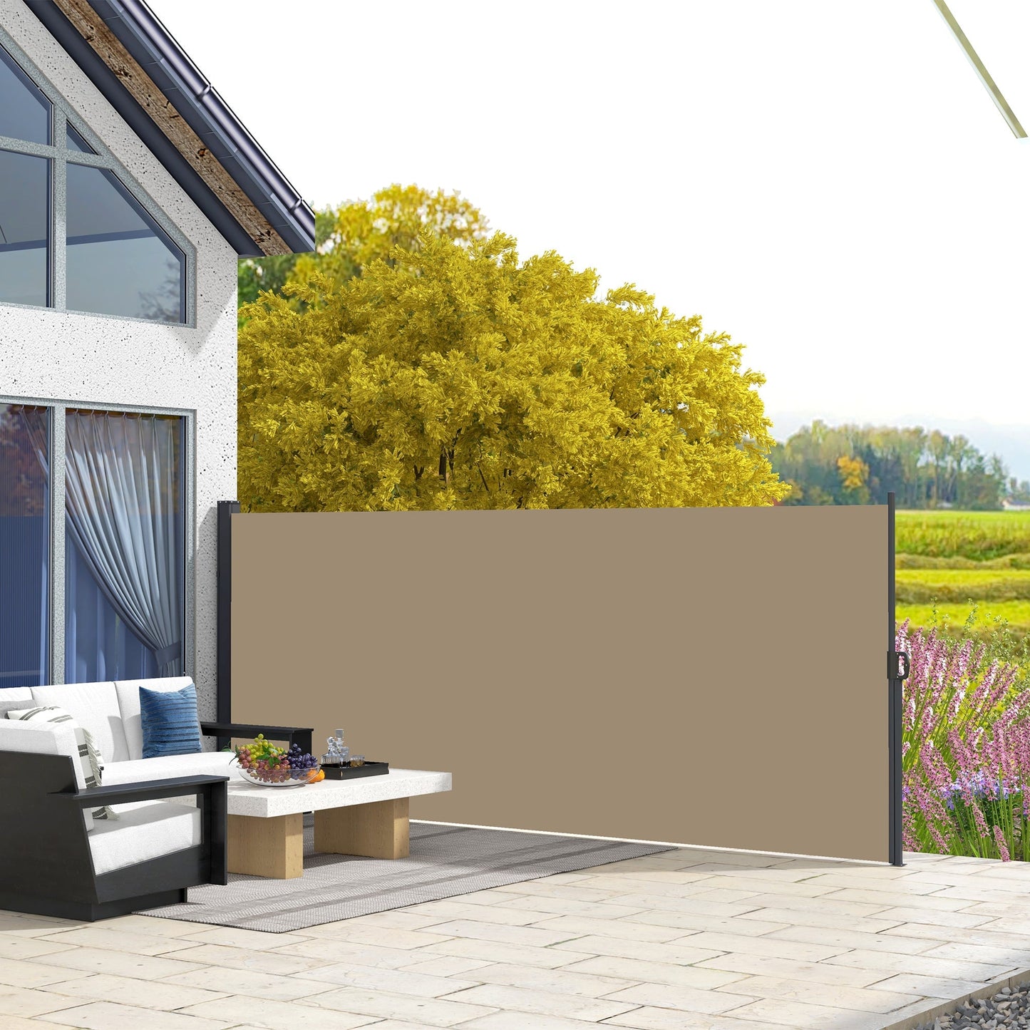 Outsunny Retractable Side Awning Privacy Screen, Black, Dark Grey or Khaki - 4m x 1.6m - Clara Shade Sails - Outsunny - Khaki - 