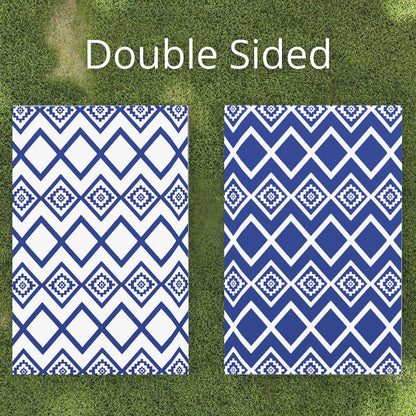 Outsunny Reversible Outdoor Garden Rug – Blue & White Geometric (182cm x 274cm) - Clara Shade Sails - Outsunny - 