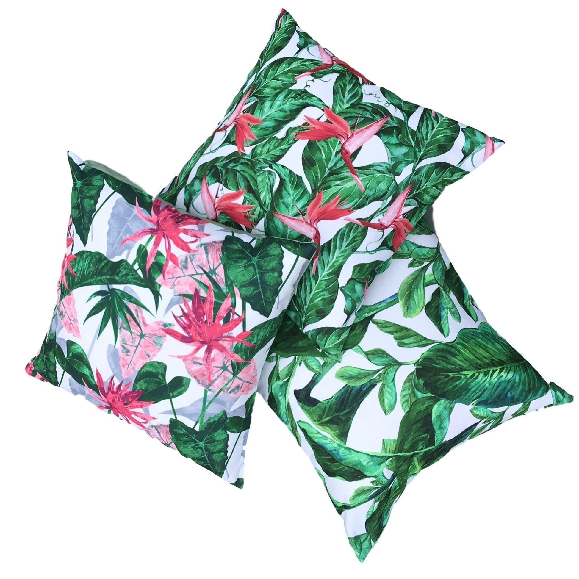 Set of 3 Tropical Water Resistant Garden Cushion Covers Scatter Pillow Cover Jungle Leaf Pink Flower Rainforest - Clara Shade Sails