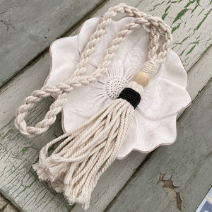 Decorative Macramé and Black Bead Garland Tassel - Natural Cotton Wooden Curtain Tieback Wall Hanging 35cm Clara Shade Sails