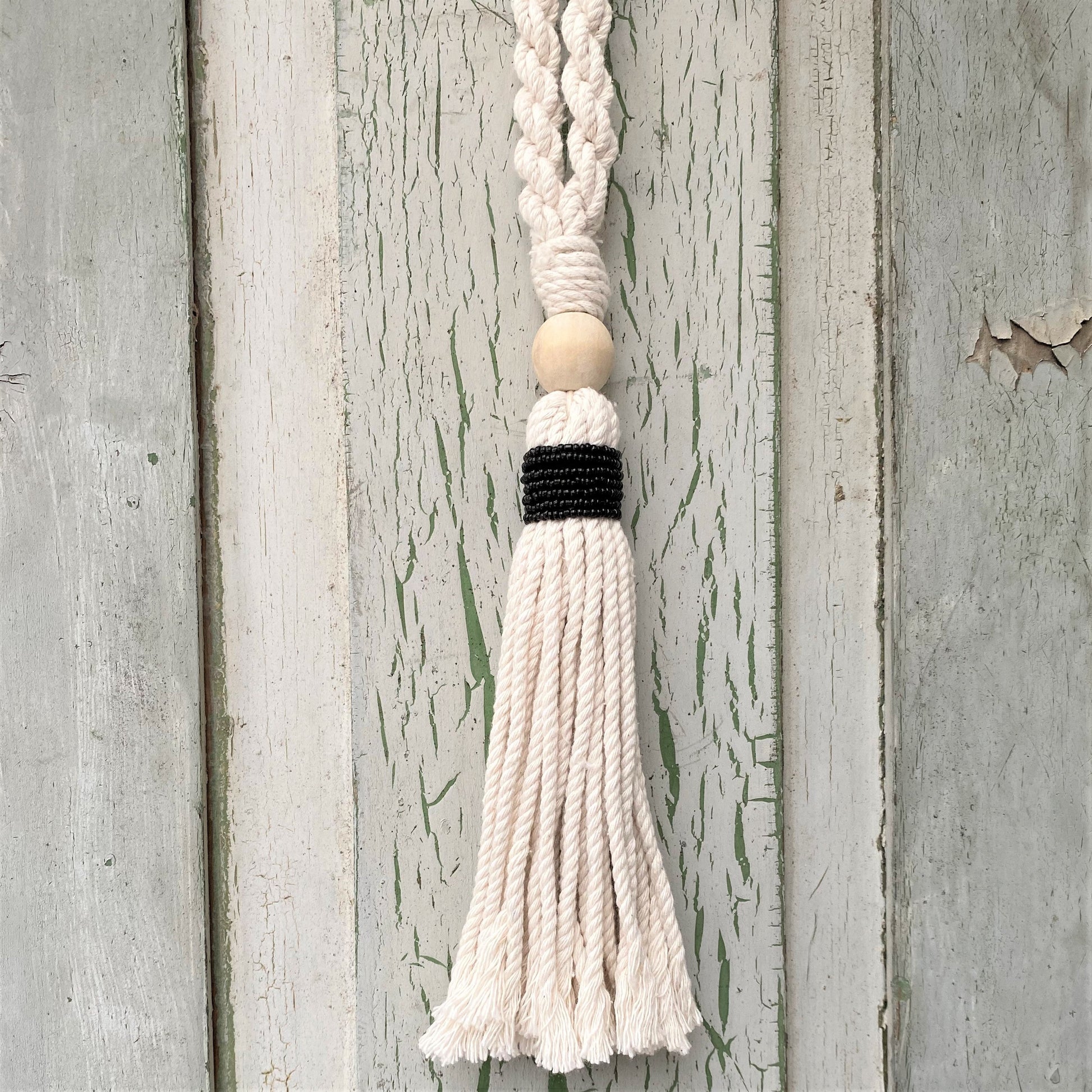 Decorative Black Bead Garland Macramé Tassel - Natural Cotton Wooden Curtain Tieback Wall Hanging 35cm Clara Shade Sails
