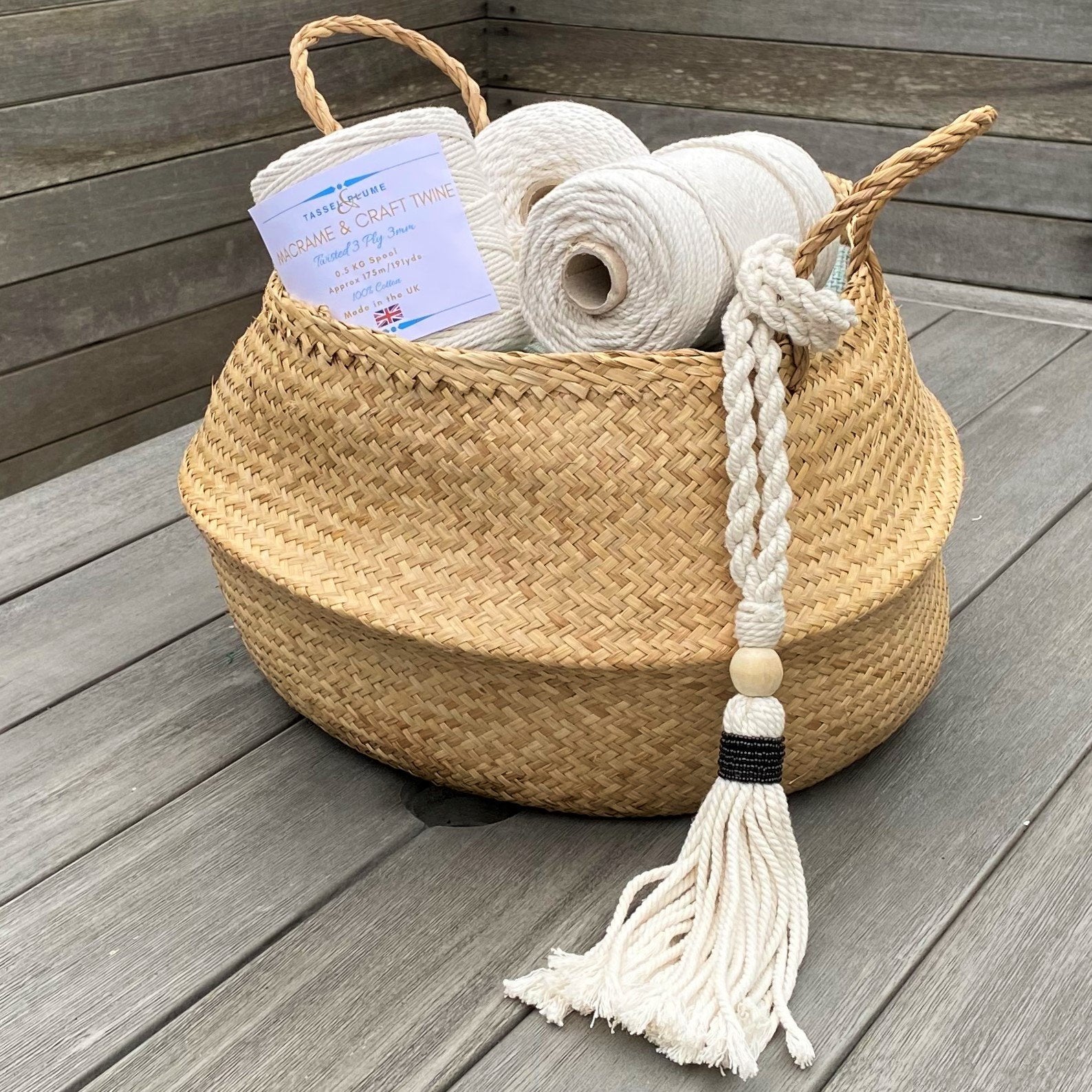 Decorative Black Bead Garland Macramé Tassel - Natural Cotton Wooden Curtain Tieback Wall Hanging 35cm Clara Shade Sails