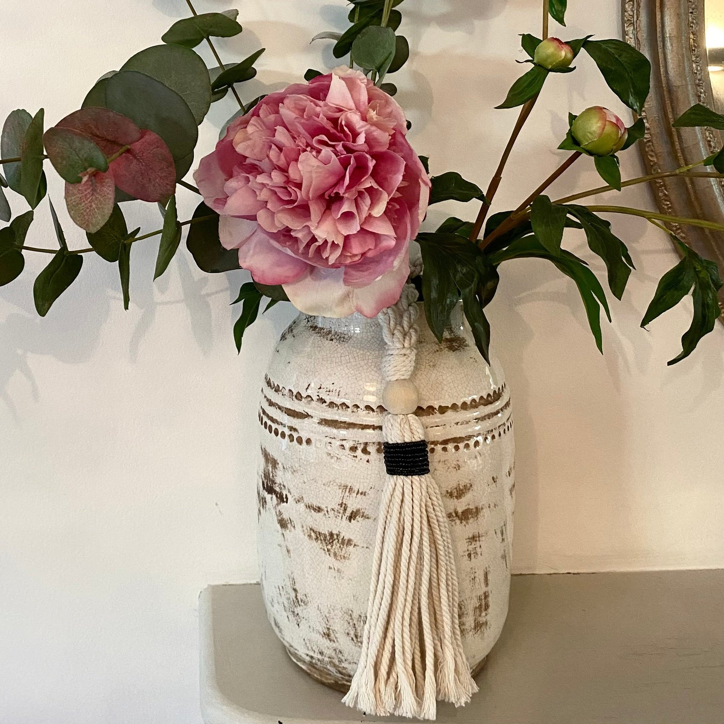 Decorative Black Bead Garland Macramé Tassel - Natural Cotton Wooden Curtain Tieback Wall Hanging 35cm Clara Shade Sails