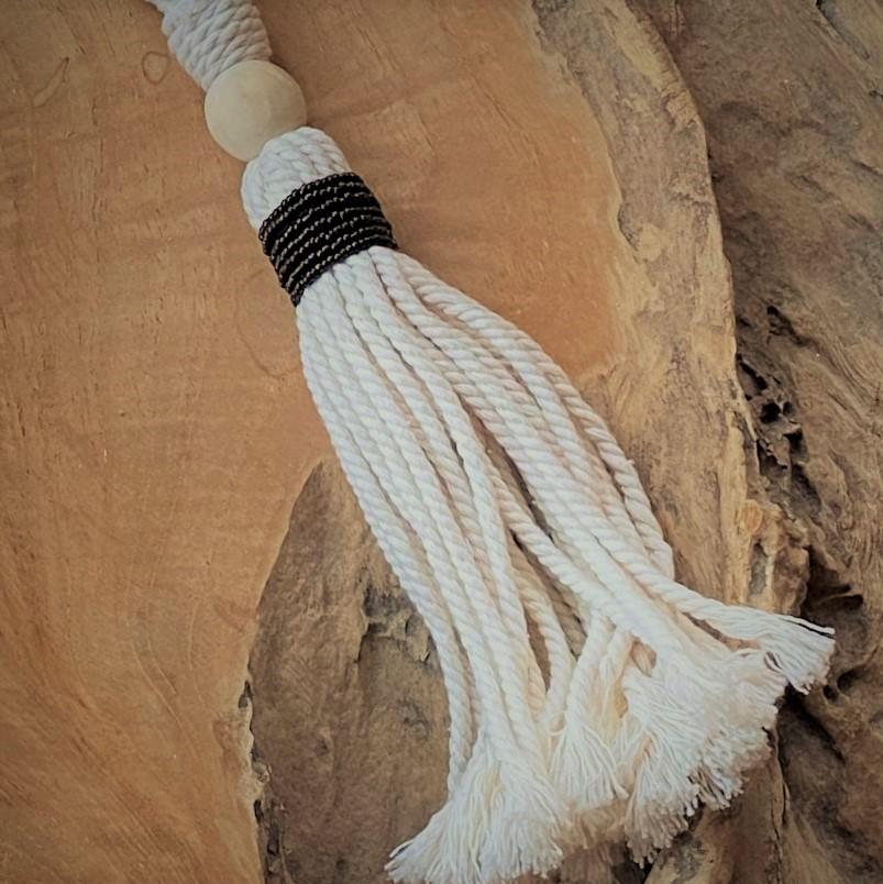 Decorative Black Bead Garland Macramé Tassel - Natural Cotton Wooden Curtain Tieback Wall Hanging 35cm Clara Shade Sails
