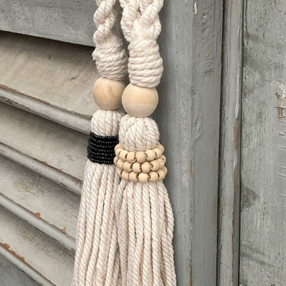 Decorative Natural Bead Garland Macramé Tassel - Cotton Wood Curtain Tieback Wall Hanging 35cm Clara Shade Sails