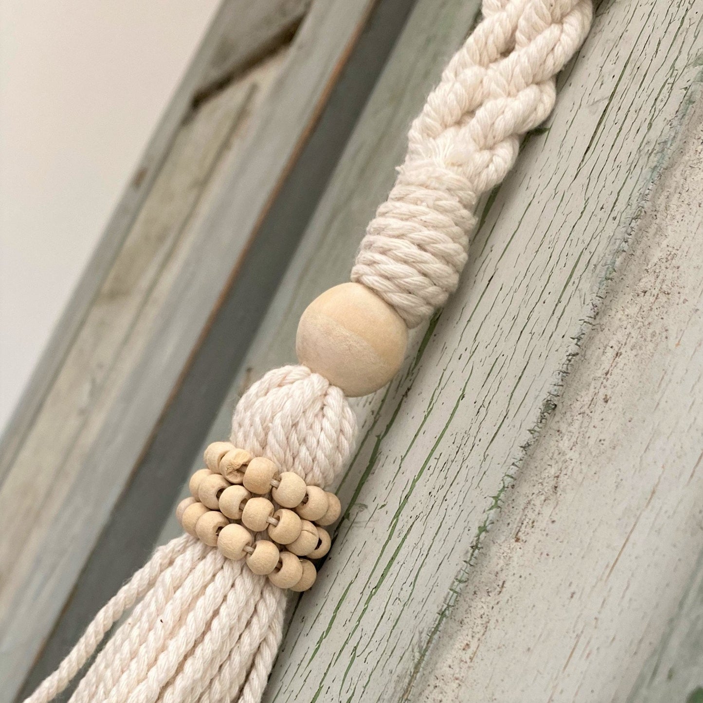 Decorative Natural Bead Garland Macramé Tassel - Cotton Wood Curtain Tieback Wall Hanging 35cm Clara Shade Sails