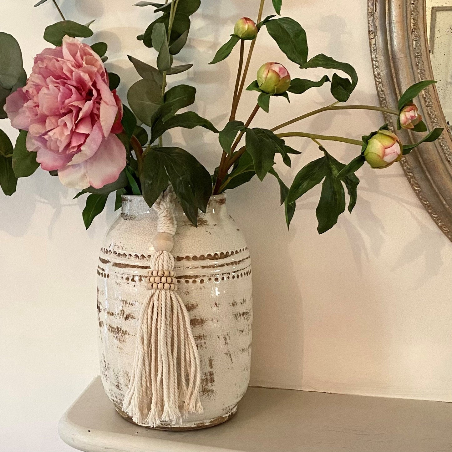 Decorative Natural Bead Garland Macramé Tassel - Cotton Wood Curtain Tieback Wall Hanging 35cm Clara Shade Sails