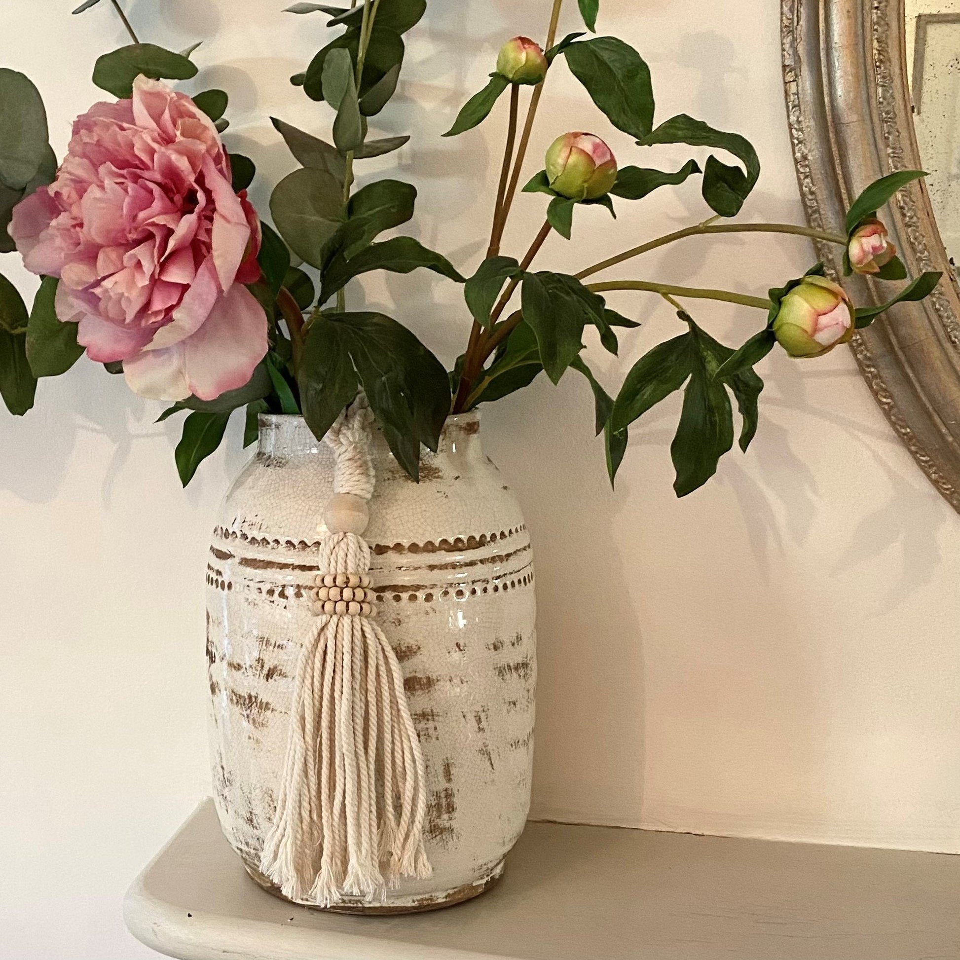 Decorative Natural Bead Garland Macramé Tassel - Cotton Wood Curtain Tieback Wall Hanging 35cm Clara Shade Sails