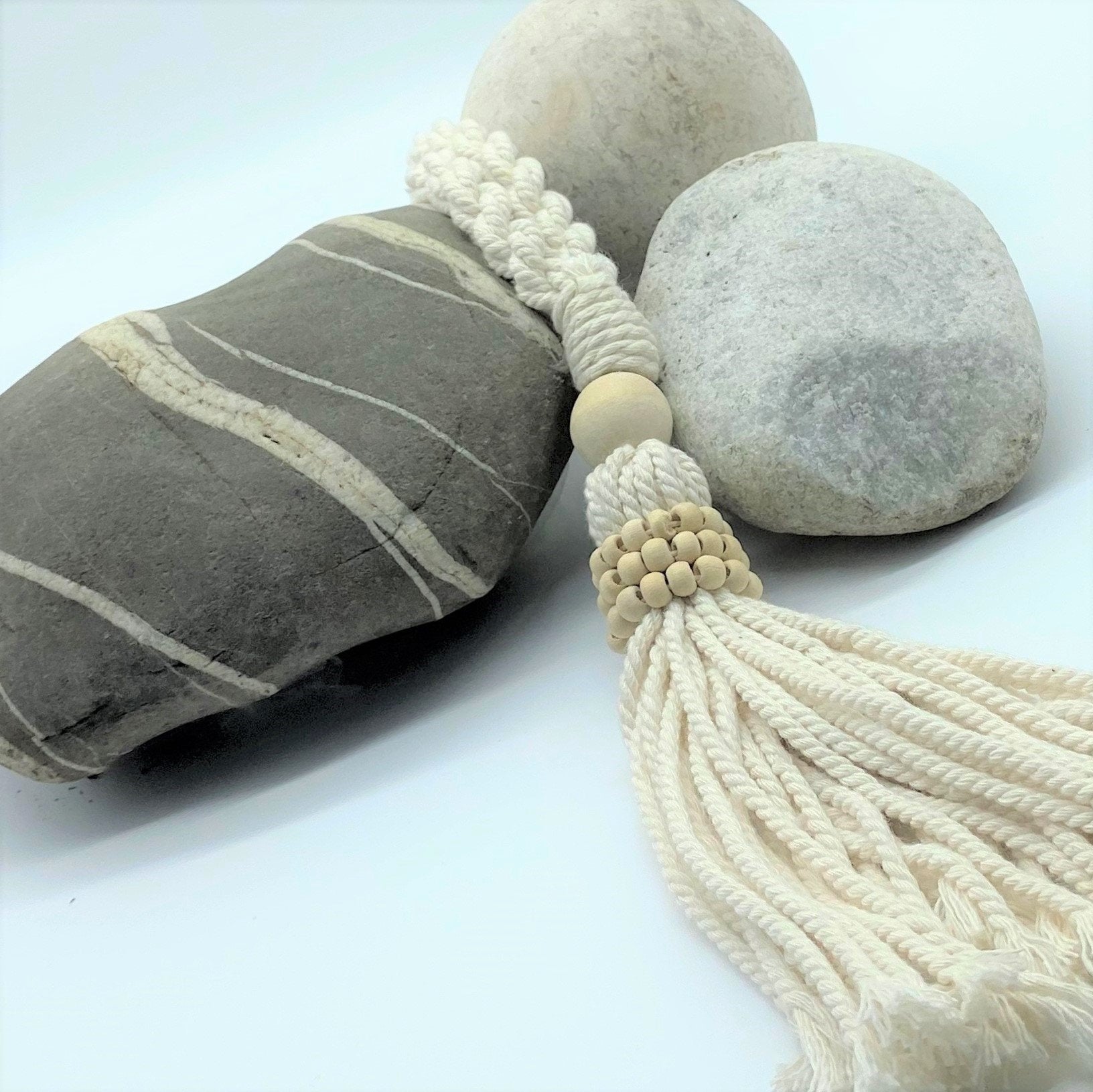 Decorative Natural Bead Garland Macramé Tassel - Cotton Wood Curtain Tieback Wall Hanging 35cm Clara Shade Sails