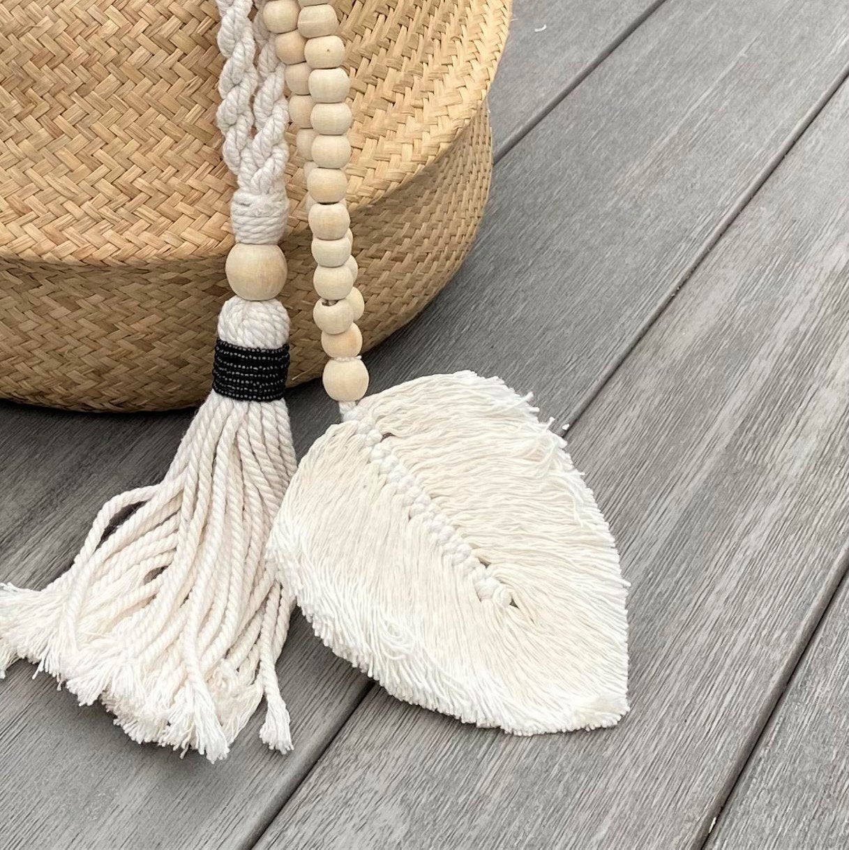 Decorative Feather Garland Macramé Tassel - Natural Cotton Wooden Bead Curtain Tieback Wall Hanging 35cm Clara Shade Sails