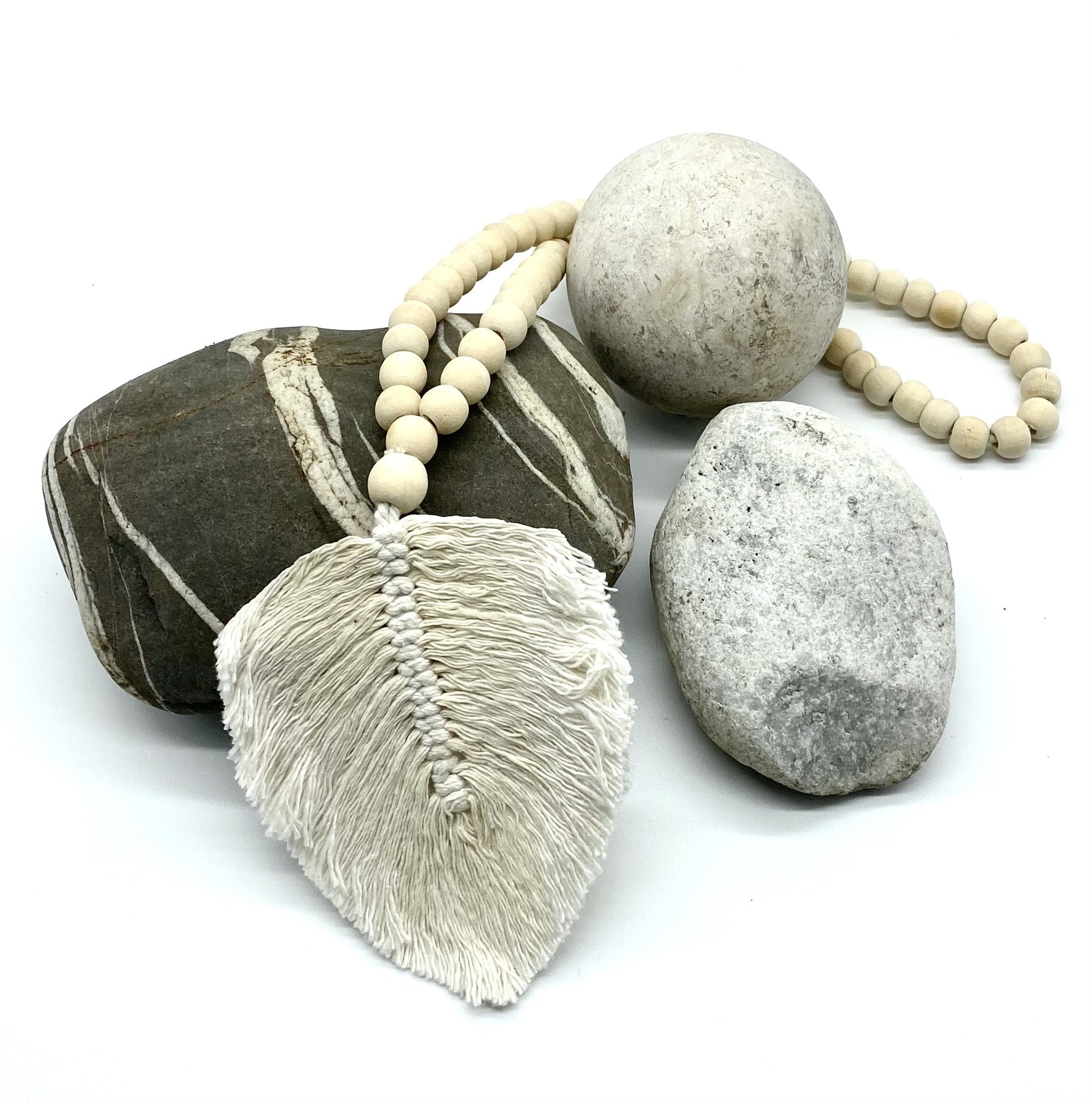 Decorative Feather Garland Macramé Tassel - Natural Cotton Wooden Bead Curtain Tieback Wall Hanging 35cm Clara Shade Sails