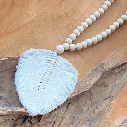 Decorative Feather Garland Macramé Tassel - Natural Cotton Wooden Bead Curtain Tieback Wall Hanging 35cm Clara Shade Sails
