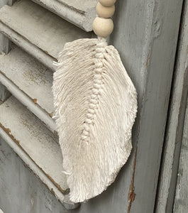 Decorative Macramé Feather Garland Tassel -Natural Cotton Leaf Wooden Bead Curtain Tieback Wall Hanging 35cm Clara Shade Sails