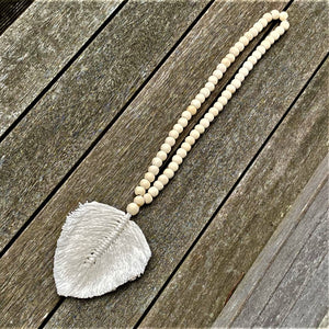 Decorative Macramé Feather Garland Tassel -Natural Cotton Leaf Wooden Bead Curtain Tieback Wall Hanging 35cm Clara Shade Sails