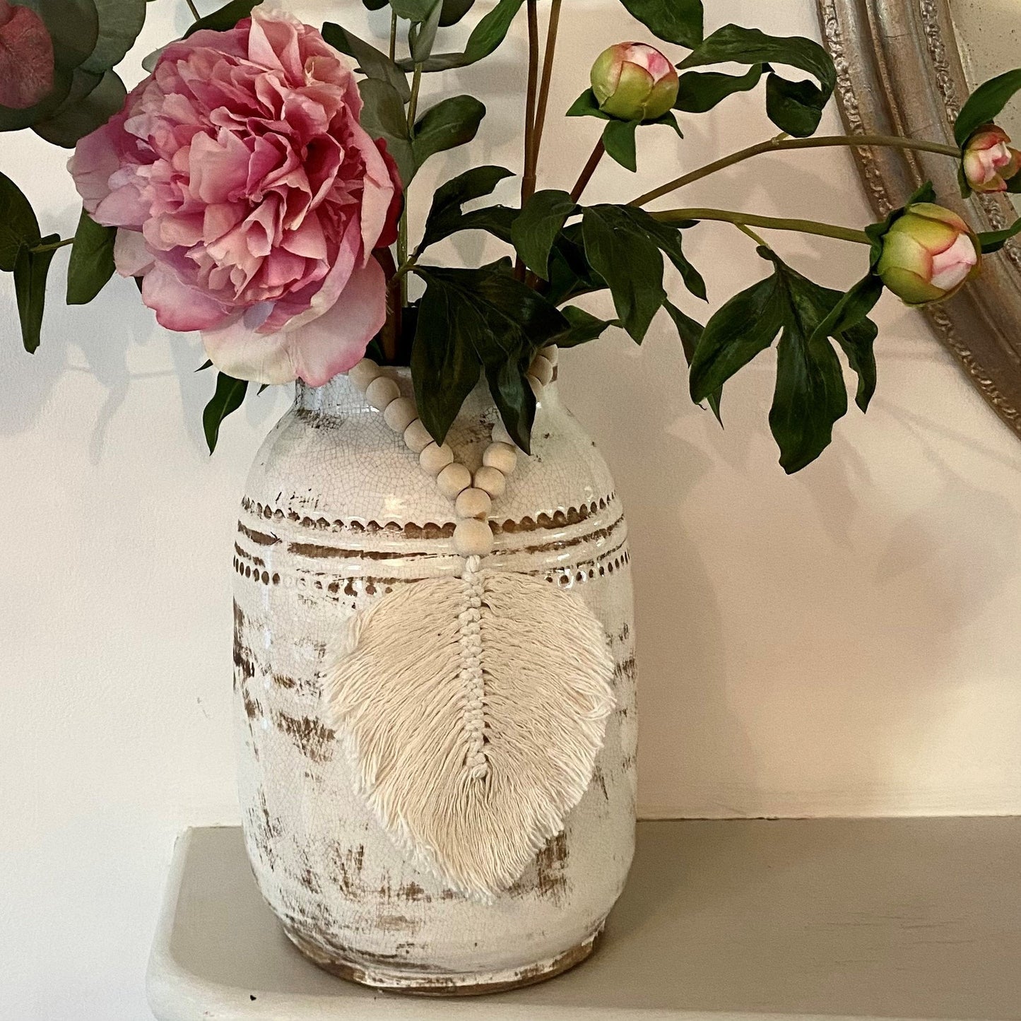 Decorative Feather Garland Macramé Tassel - Natural Cotton Wooden Bead Curtain Tieback Wall Hanging 35cm Clara Shade Sails