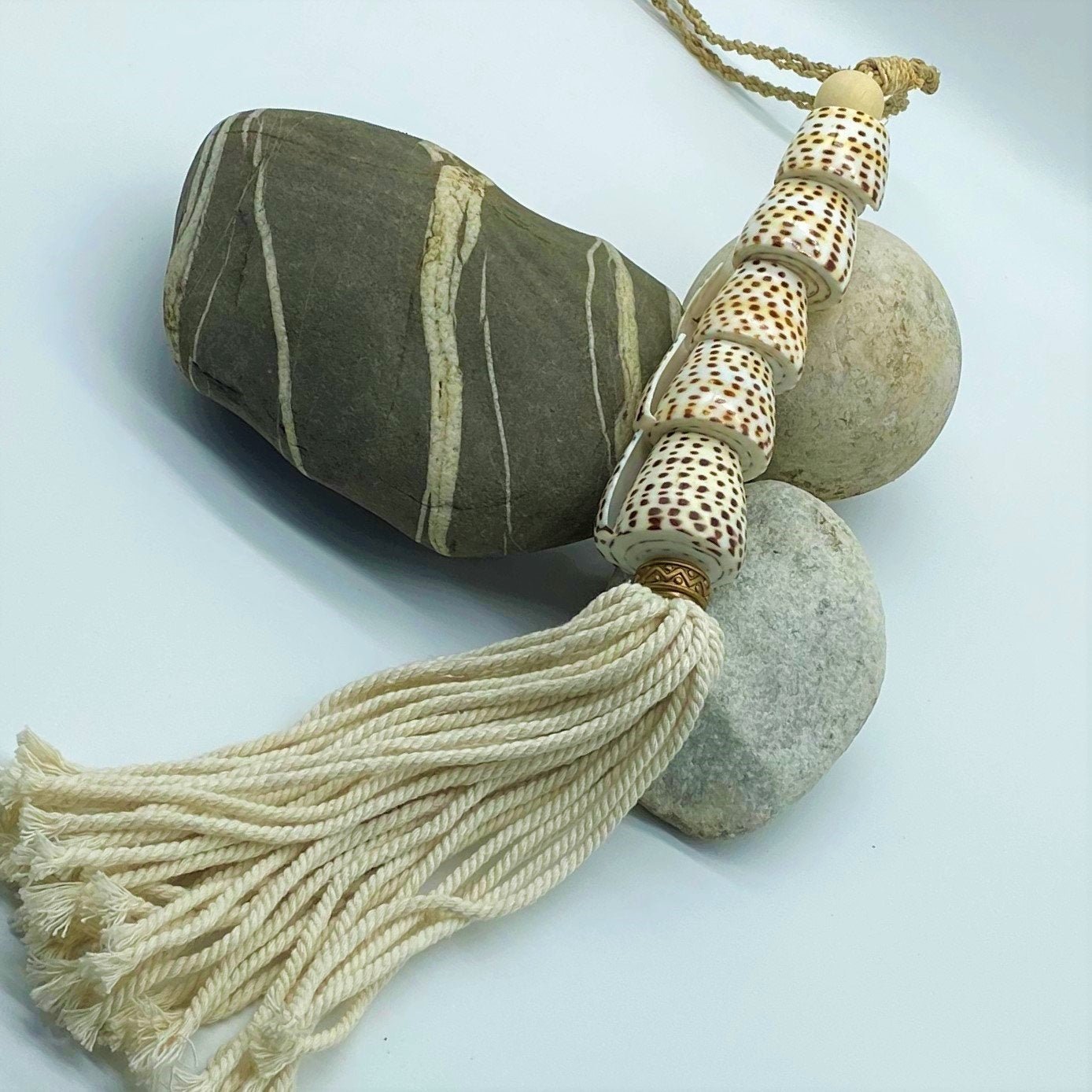 Decorative Natural Shell Garland Macramé Tassel - Cotton Curtain Tieback Wall Hanging 35cm Clara Shade Sails