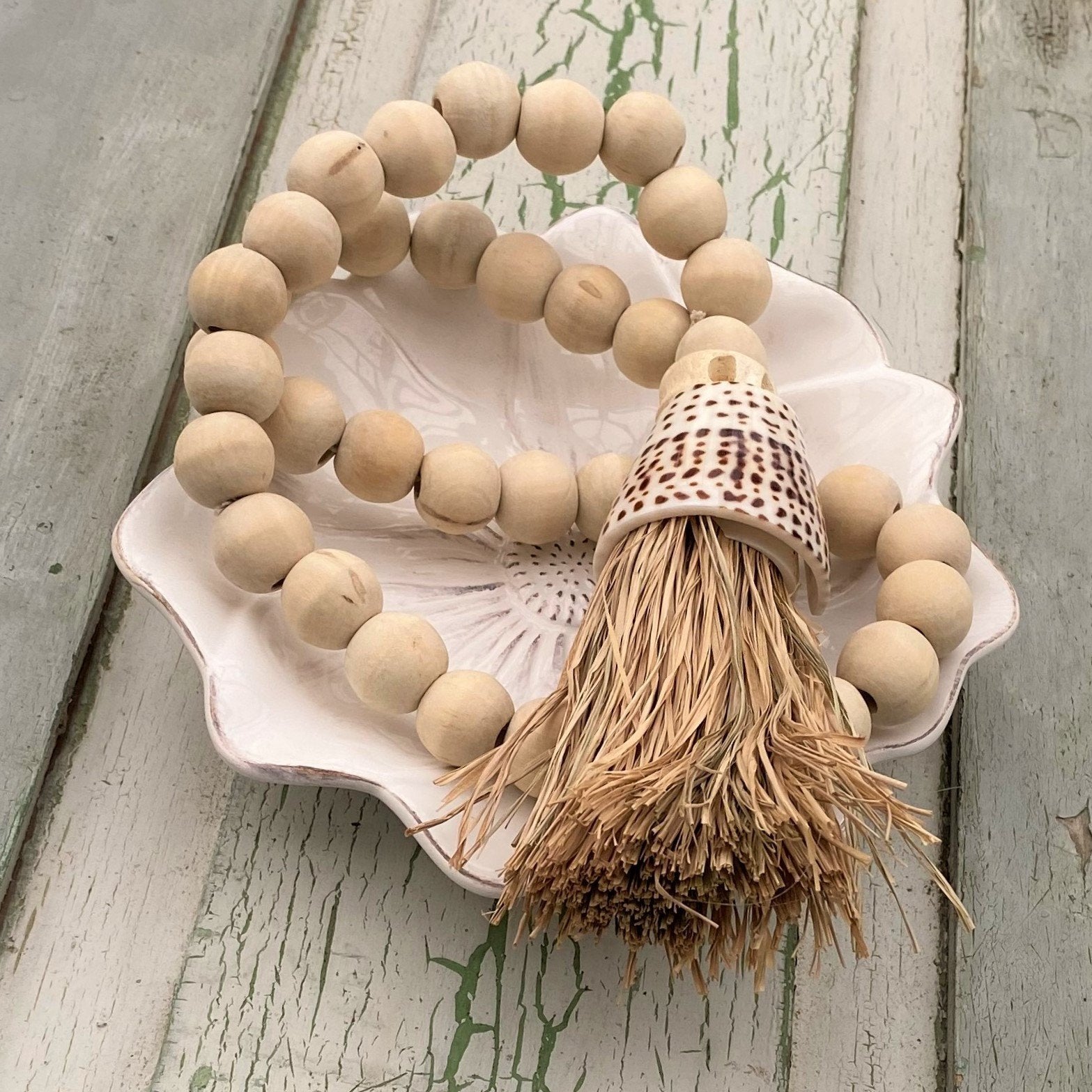 Decorative Shell & Wooden Bead Garland Macramé Tassel - Cotton Curtain Tieback Wall Hanging 35cm Clara Shade Sails