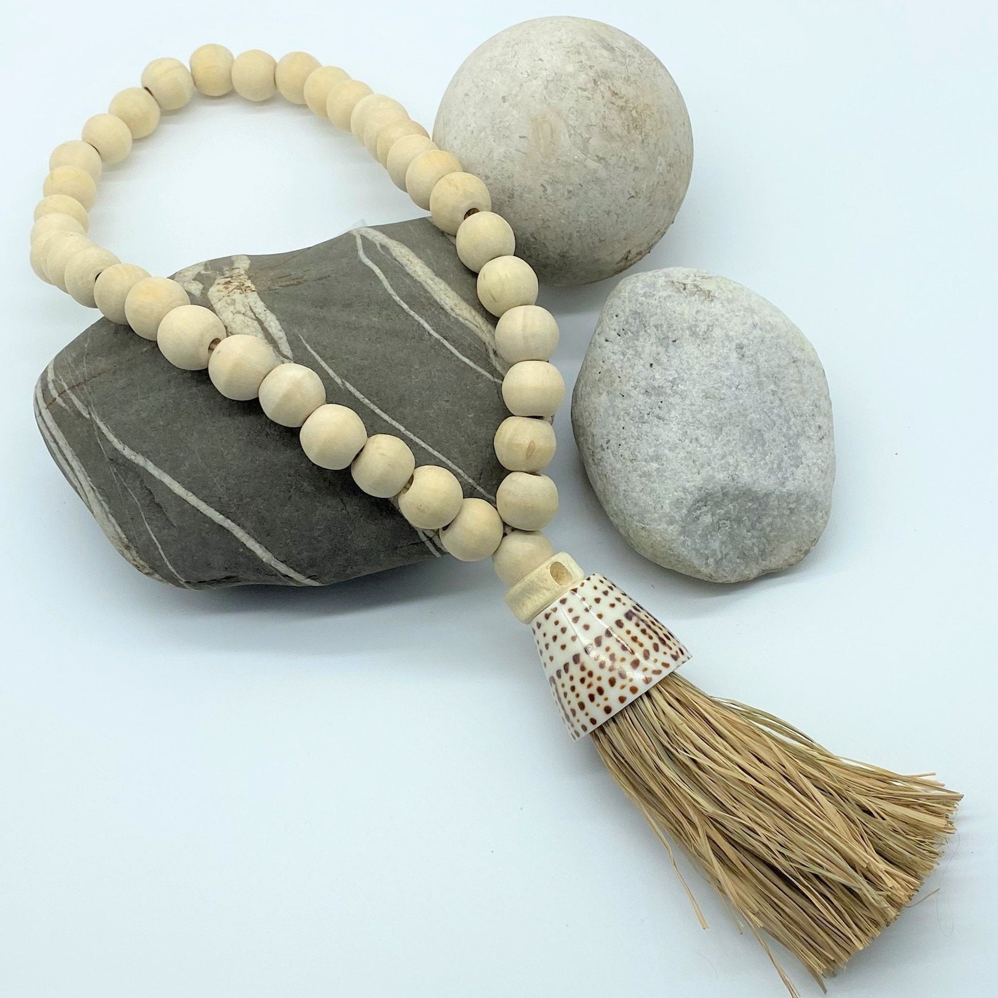 Decorative Shell & Wooden Bead Garland Macramé Tassel - Cotton Curtain Tieback Wall Hanging 35cm Clara Shade Sails