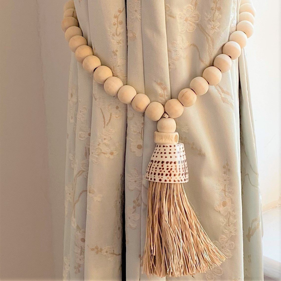 Decorative Shell & Wooden Bead Garland Macramé Tassel - Cotton Curtain Tieback Wall Hanging 35cm Clara Shade Sails