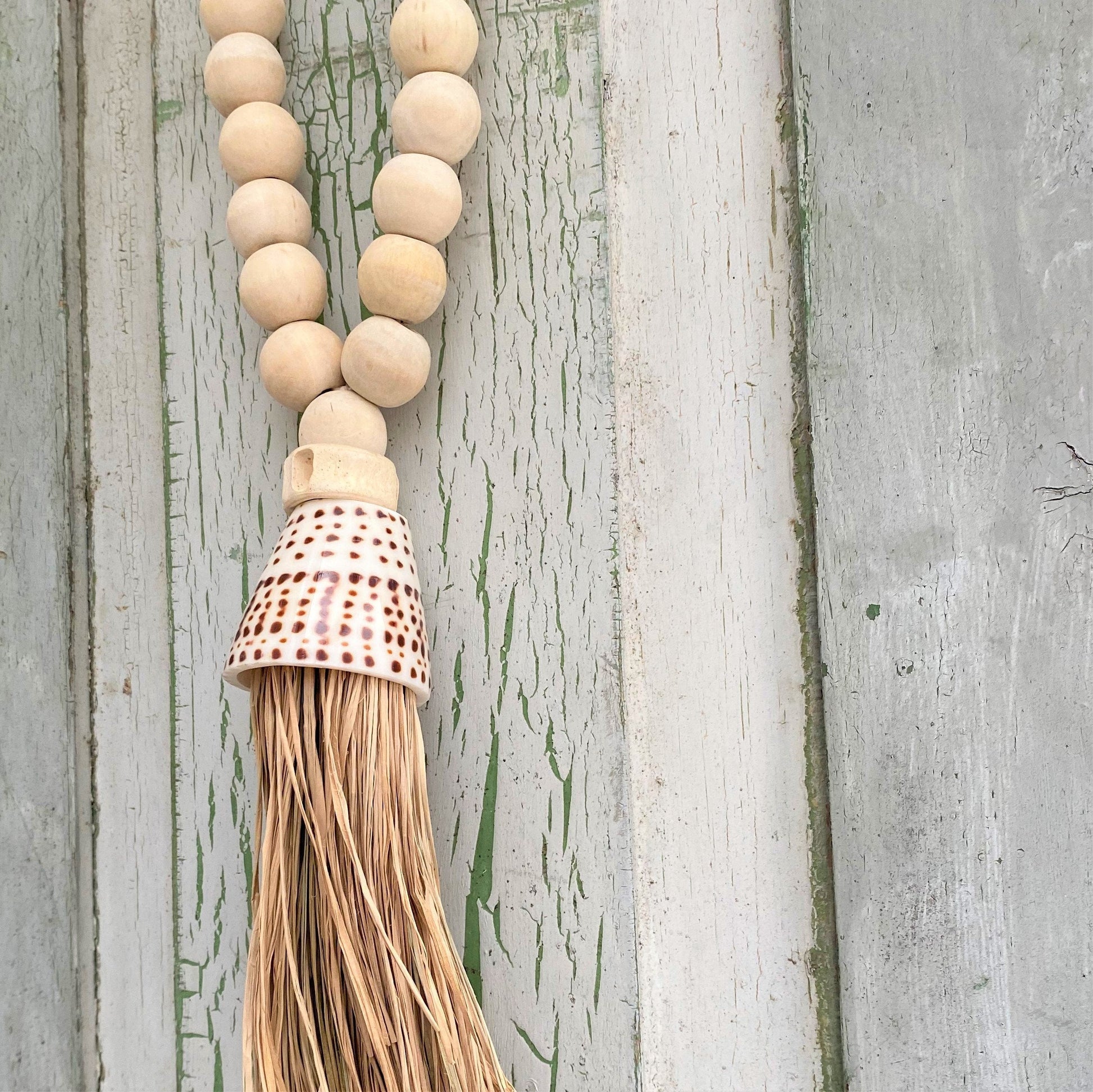 Decorative Shell & Wooden Bead Garland Macramé Tassel - Cotton Curtain Tieback Wall Hanging 35cm Clara Shade Sails