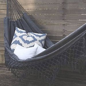 Grey Brazilian Style Hammock - Canvas Tassels Crochet Fringe Double EXTRA-LARGE Clara Shade Sails