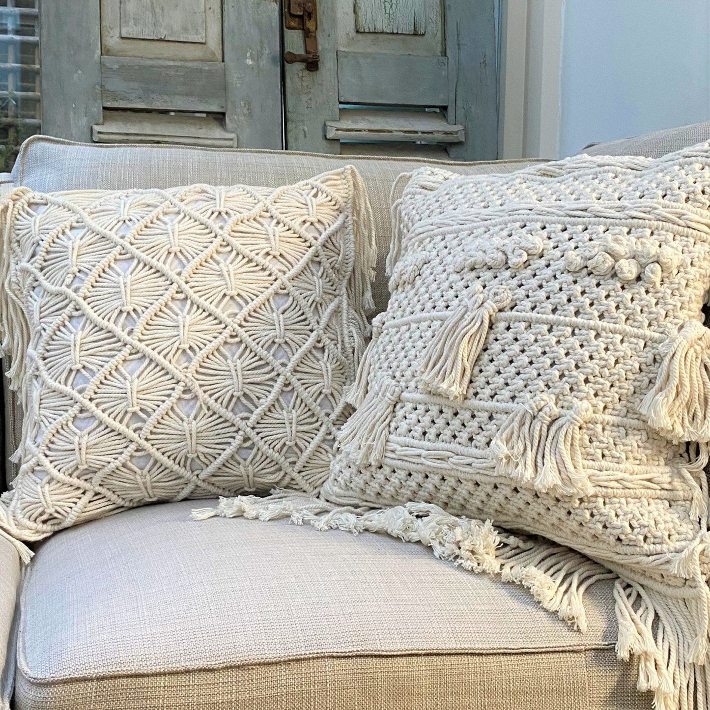 Natural Cotton Macramé Cushion Cover Tassels Fringe Bohemian 45cm Clara Shade Sails