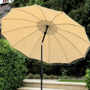 Norfolk Leisure Carrousel Beaded Garden Parasol Umbrella - Fringe Tassels 2.7m Crank Handle and Tilt - Cream, Pale Green or Grey - Outdoor Patio Norfolk Leisure