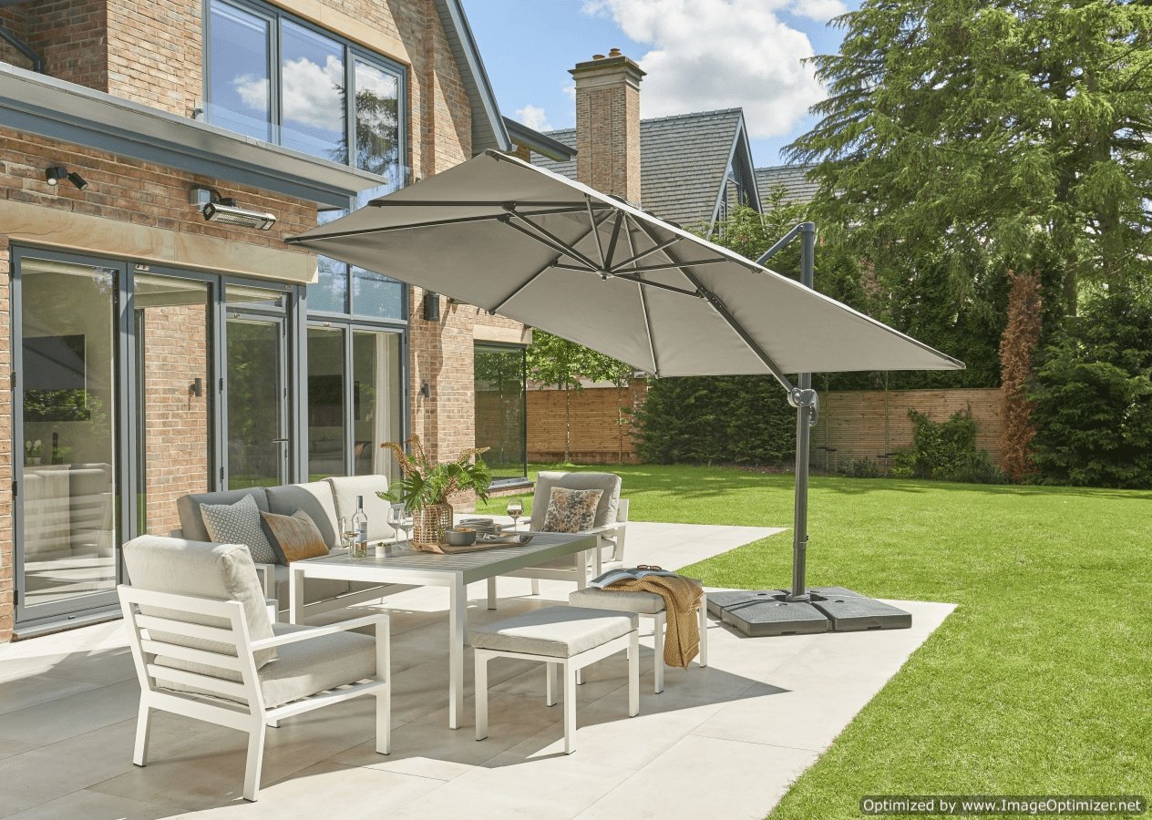 Norfolk Leisure Royce Junior Square Cantilever Parasol Package - 2.5m x 2.5m Umbrella + 80kg, 90kg or 100kg Base Stand - Taupe, Soft Grey or Carbon Norfolk Leisure