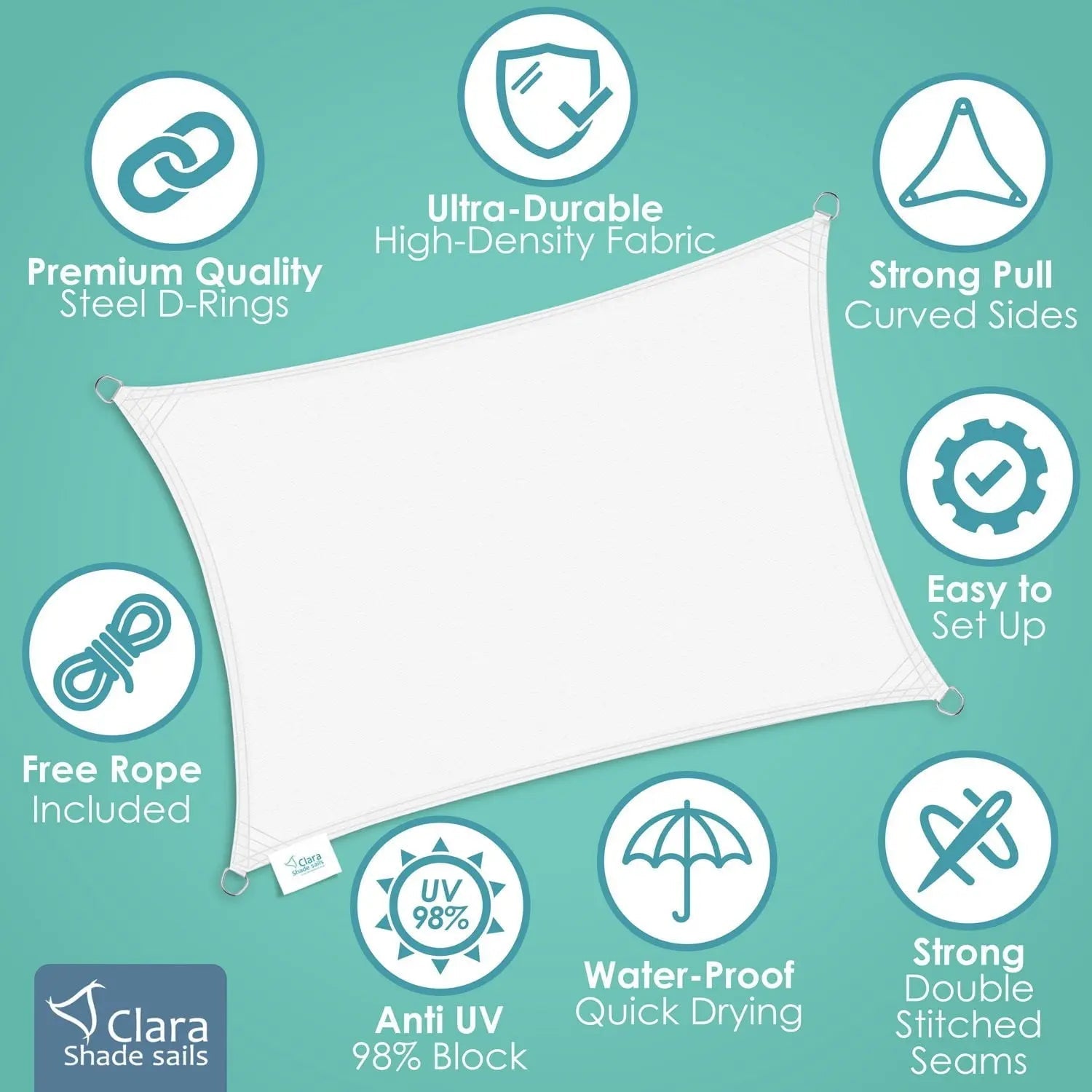 Square 5m - Clara Sun Shade Sail - White Waterproof UV Patio Garden Canopy Awning Clara Shade Sails